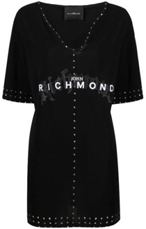 John Richmond Dames V-Hals Logo T-Shirt met Decoratieve Elementen John Richmond , Black , Dames - S,Xs