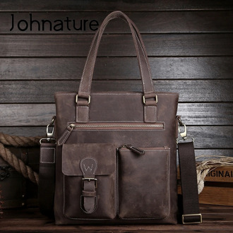 Johnature 2020 New Genuine Leather Solid Casual Tote Mens Business Bag Handbags&Crossbody&Shoulder Bags Briefcase Messenger Bag