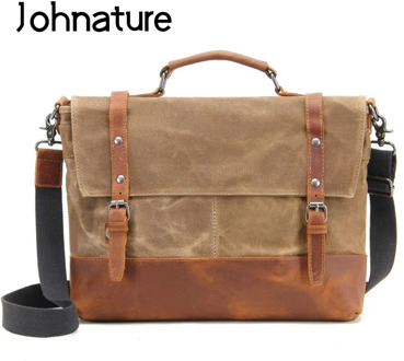 Johnature 2020 New Vintage Men Satchels Bag Canvas With Crazy Horse Leather Waterproof Large Capacity Handbag Laptop Bag