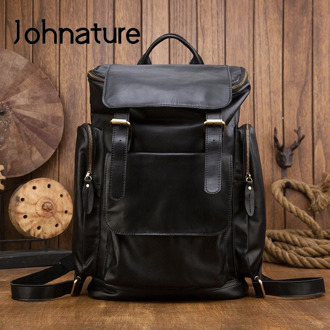 Johnature Handmade Crazy Horse Leather Men Backpack Large Capacity Cowhide Leisure Travel Bag Men England Style School Backbags
