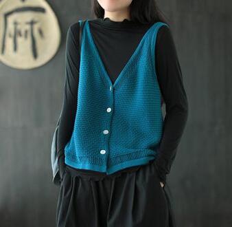 Johnature Herfst Leisure Alle-Wedstrijd V-hals Enkele Breasted Gebreide Vesten Losse Comfortabele 5 Kleur Vrouwen Truien Vest Blauw