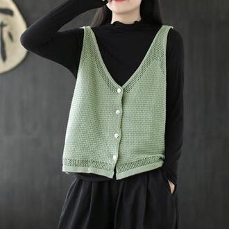 Johnature Herfst Leisure Alle-Wedstrijd V-hals Enkele Breasted Gebreide Vesten Losse Comfortabele 5 Kleur Vrouwen Truien Vest licht groen