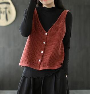 Johnature Herfst Leisure Alle-Wedstrijd V-hals Enkele Breasted Gebreide Vesten Losse Comfortabele 5 Kleur Vrouwen Truien Vest steen rood