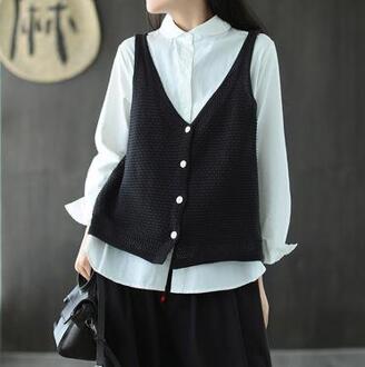 Johnature Herfst Leisure Alle-Wedstrijd V-hals Enkele Breasted Gebreide Vesten Losse Comfortabele 5 Kleur Vrouwen Truien Vest zwart