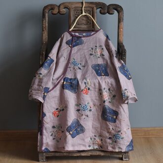 Johnature Herfst Vintage Print Bloemen Shirts Voor Vrouwen Ramee O-hals Lange Mouw Blouses Losse Vrouwelijke Lange Shirts Tops grijs paars