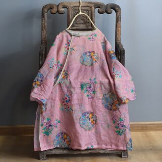 Johnature Herfst Vintage Print Bloemen Shirts Voor Vrouwen Ramee O-hals Lange Mouw Blouses Losse Vrouwelijke Lange Shirts Tops Roze