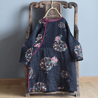 Johnature Herfst Vintage Print Bloemen Shirts Voor Vrouwen Ramee O-hals Lange Mouw Blouses Losse Vrouwelijke Lange Shirts Tops zwart