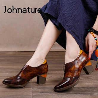 Johnature High Heels Pumps Women Shoes Genuine Leather 2020 New Spring Round Toe Retro Shallow Casual Handmade Ladies Shoes