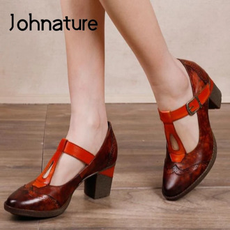 Johnature High Heels Women Shoes Genuine Leather Pumps 2020 New Spring Retro Round Toe Sewing Casual Handmade Ladies Shoes