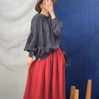 Johnature Lente Katoen Linnen Losse Effen Kleur Womens Tops En Blouses O-hals Lantaarn Mouw Knop 3 Kleuren Shirts donker grijs