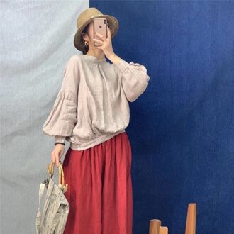 Johnature Lente Katoen Linnen Losse Effen Kleur Womens Tops En Blouses O-hals Lantaarn Mouw Knop 3 Kleuren Shirts khaki