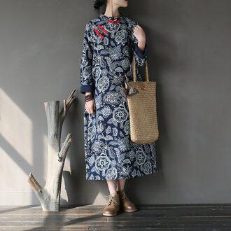 Johnature Vrouwen Vintage Jurk Wit En Blauw Chinese Stijl Cheongsam Herfst Winter Stand Lange Mouwen Fleece Warm Jurk