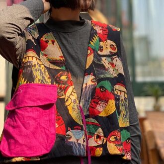 Johnature Vrouwen Winter Vintage Katoen Afdrukken Uil Vesten Chinese Stijl Mouwloze Jassen V-hals Pocket Vrouwelijke Vesten