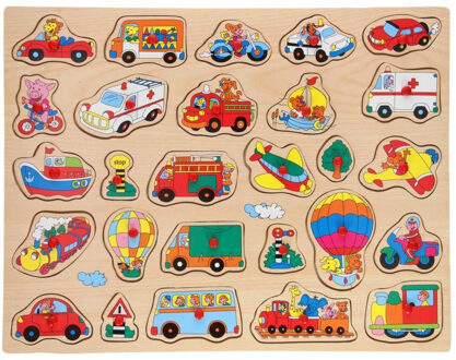 Johntoy Houten knopjes/noppen puzzel voertuigen thema 45 x 35 cm speelgoed Multi