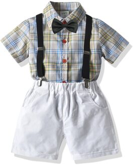 Jongen Trouwpak Jongens Plaid Korte Mouwen Bretels Shorts Gentleman Vier Stuk Kinderen Zomer Pak jongen Kleding 18M