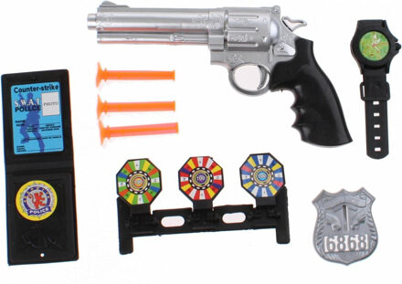 jonotoys Politie speelgoed pistool en accessoires - kind - verkleed rollenspel - plastic - 18 cm - Speelgoedpistool