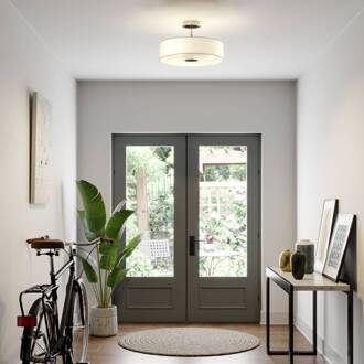 Josia plafondlamp, wit, stof, Ø 47 cm, E27 wit, mat nikkel, chroom