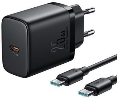 JOYROOM JR-TCF11 25W Snelle Wandoplader Set met USB-C naar USB-C 60W 1m Kabel, EU Stekker - Zwart