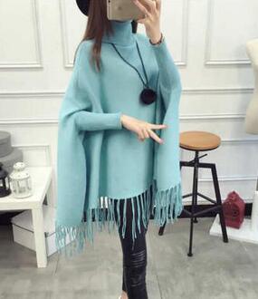 JQNZHNL Winter Vrouwen Coltrui Truien Batwing Mouwen Losse Gebreide Mantels Trui Kwastje Casual Shawl Truien E882 blauw lucht