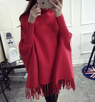 JQNZHNL Winter Vrouwen Coltrui Truien Batwing Mouwen Losse Gebreide Mantels Trui Kwastje Casual Shawl Truien E882 rood
