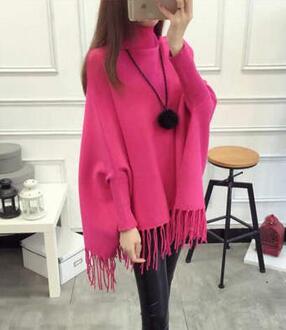 JQNZHNL Winter Vrouwen Coltrui Truien Batwing Mouwen Losse Gebreide Mantels Trui Kwastje Casual Shawl Truien E882 roos rood