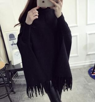 JQNZHNL Winter Vrouwen Coltrui Truien Batwing Mouwen Losse Gebreide Mantels Trui Kwastje Casual Shawl Truien E882 zwart