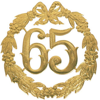 Jubileum cijfer 65 jaar - deurbord - dia 24 cm - goud - plastic - leeftijd feestartikelen Multi