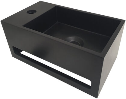 Julia fontein 35cm Solid Surface met handdoekhouder mat zwart - kraangat links