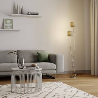 Juljana vloerlamp, 2-lamps, stoffen kap taupe, nikkel gesatineerd