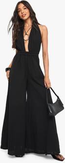 Jumpsuit Met Linnen-Look, Halterneck En Diepe Hals, Black - 42
