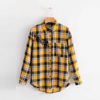 JuneLove winter vrouwen casual katoenen shirt lange mouw vrouwelijke blouse turn down kraag borduren vrouwelijke plaid shirt