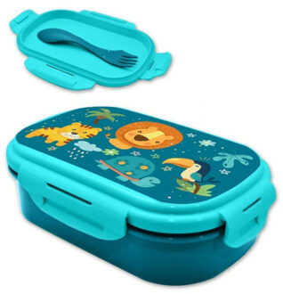 Jungle Kids - Into the jungle broodtrommel/lunchbox voor kinderen - kunststof - 21 x 14 cm - incl. bestek - Lunchboxen Blauw