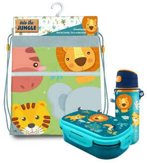 Jungle Kids - Into the jungle lunchbox set kinderen - 3-delig - blauw - incl. gymtas/schooltas - Lunchboxen