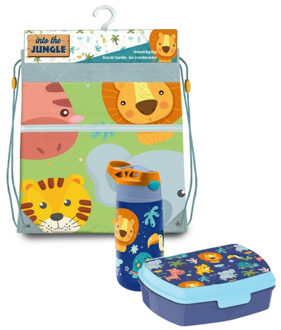 Jungle Kids - Into the jungle lunchbox set kinderen - 3-delig - groen - incl. gymtas/schooltas - Lunchboxen