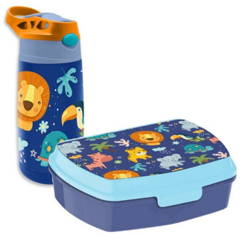 jungle Kids - Into the Jungle - lunchbox set voor kinderen - 2-delig - blauw - kunststof - Lunchboxen