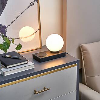 Junis tafellamp, zwart, oplaadfunctie zwart, opaal