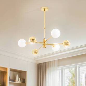 Jupiter Hanglamp Moka, goudkleurig, glas, 6-lamps, G9, GU10 goud, opaalwit