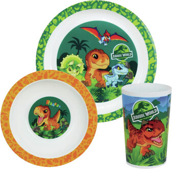 Jurassic World 3-delig kinderen ontbijt set Jurassic World dinosaurus van kunststof - Kinderservies Multikleur