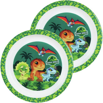 Jurassic World dinosaurus bordje - 2x - D22 cm -kunststof - ontbijtbord - kinderbord