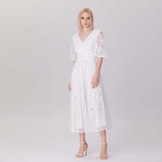 Jurk met pofmouwen en riem van kant Wit - XS