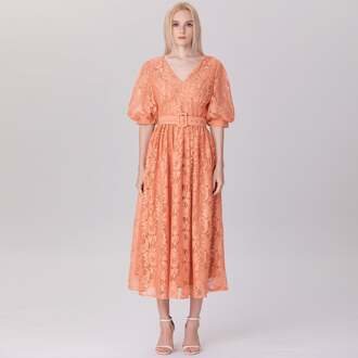 Jurk met pofmouwen en riem van kant Zalm - XS