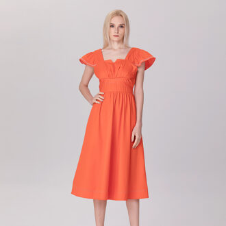 Jurk met ruches en vierkante decolleté Oranje - S