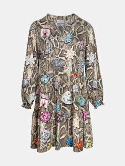 Jurk san rafael in beige slangenprint met kleurrijke broches - L