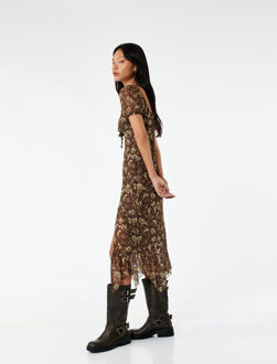 JURKEN Lange Bloemenjurk Asymmetrisch U-hals Ballonmouwen Bruin