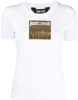 Just Cavalli Witte korte mouwen katoenen T-shirt met gouden print en logo Just Cavalli , White , Dames - L,M,S,Xs