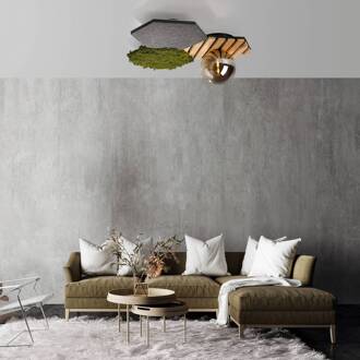 JUST LIGHT. Groene Hex plafondlamp, ijzer, hout, mos groen, licht hout, grijs, rook