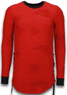 Justing Destroyed look trui side laces long fit sweater Rood