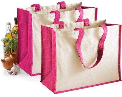 Jute katoenen boodschappentas - 2x - roze/naturel - 44 x 33 x 19 cm - 20 liter - draagtas