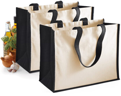 Jute katoenen boodschappentas - 2x - zwart/natural - 44 x 33 x 19 cm - 20 liter - draagtas