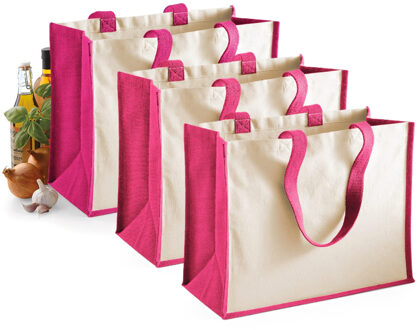 Jute katoenen boodschappentas - 3x stuks - roze/naturel - 44 x 33 x 19 cm - 20 liter - draagtas
